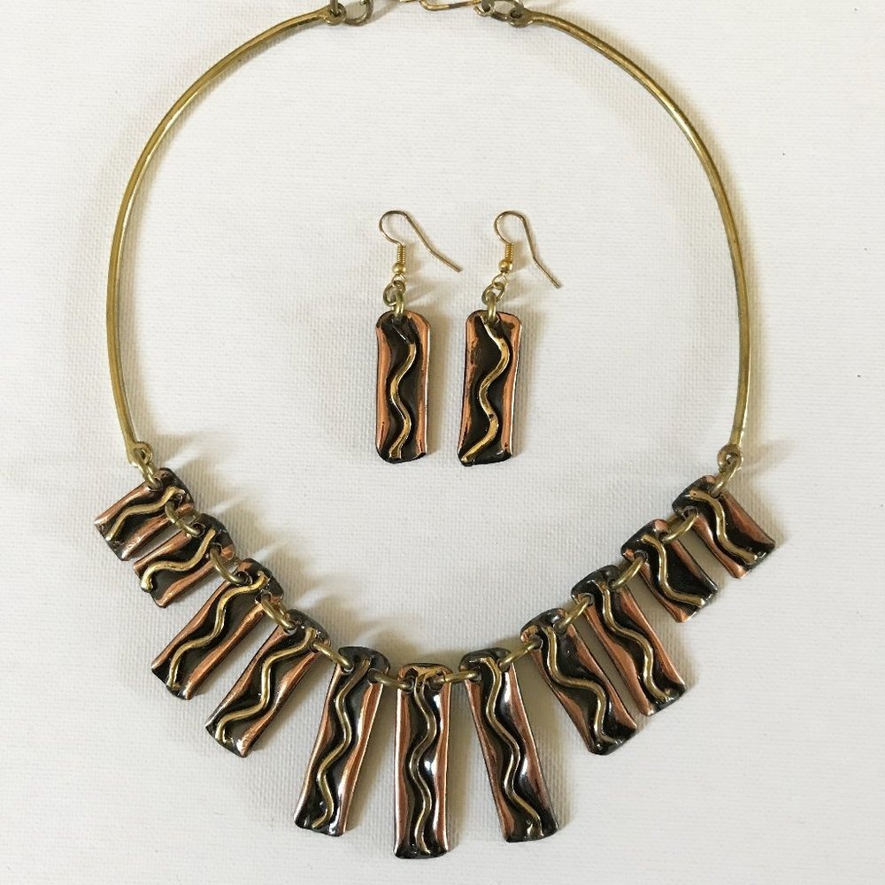 Copper Brass Art Necklace Earring Set Southwestern Boho Design Fashion Shiney